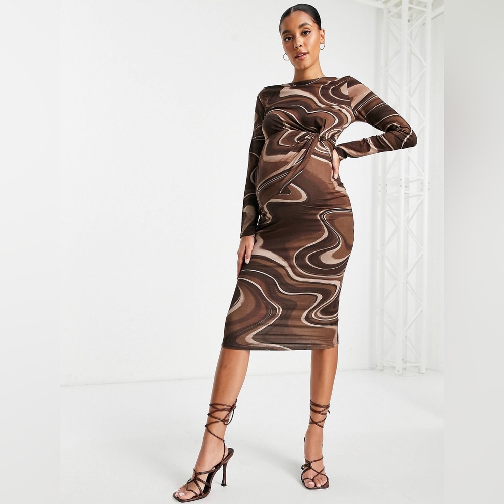 Maternity twist front open back midi dress in chocolate swirl print